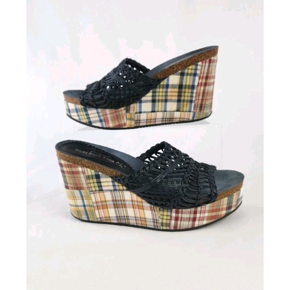 Femme Right Bank Shoe Co Blue Leather Sandal Wedge Heels Plaid Made Spain SZ  7